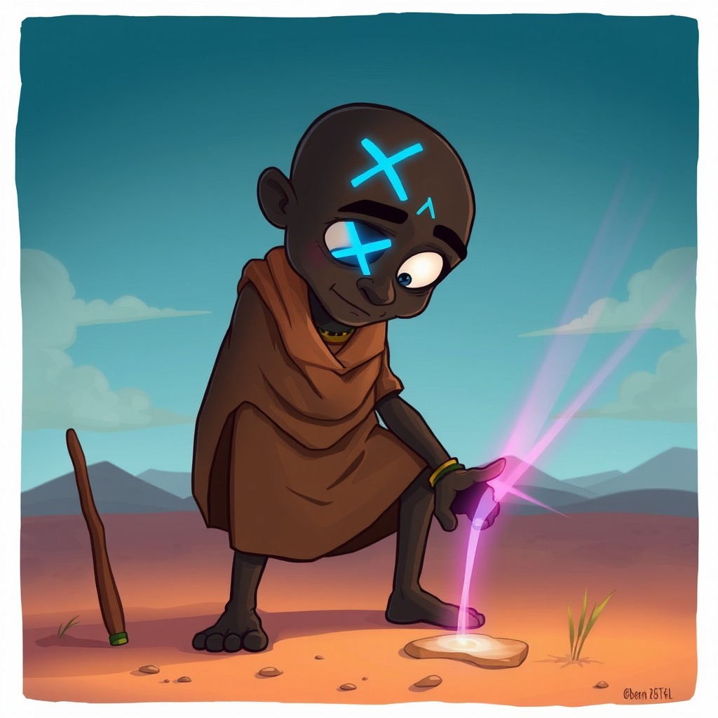 A cartoon depiction of a very dark-skinned man with a bald head, featuring a blue 'X' on his forehead