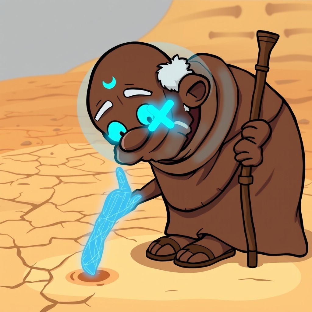 A cartoon illustration of an elderly man with dark skin and a bald head, featuring a blue 'X' symbol on his forehead