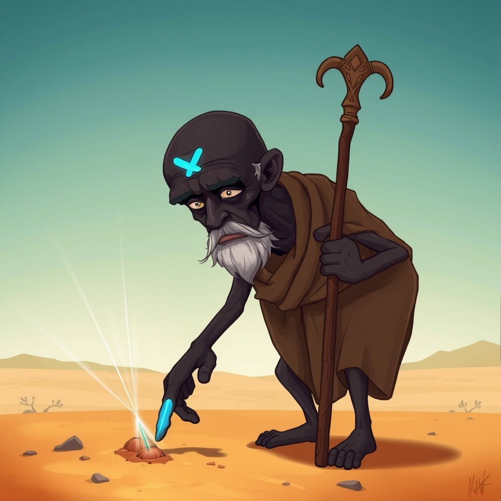 A cartoon depiction of an old man with very dark skin, completely bald with a blue X mark on his forehead