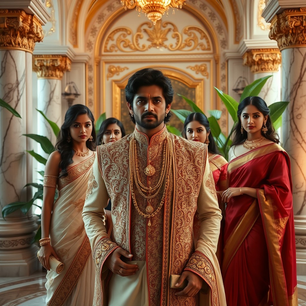 An Indian Bollywood actor, dressed in a lavish traditional outfit, surrounded by elegantly dressed women in a marble and gold palace