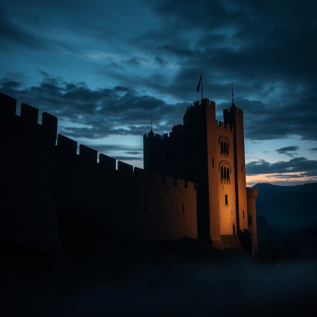 An imposing medieval castle towering against a dramatic twilight sky, with dark shadows cast on the intricately textured stone walls