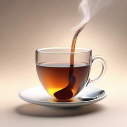 An 8K high-definition rendering of a cup of tea, displaying steam raising from it, and a spoon on the side.