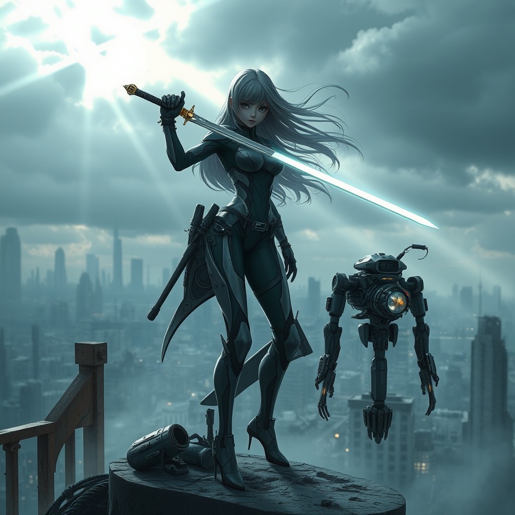 A futuristic scene inspired by the game NieR: Automata, featuring androids in a post-apocalyptic landscape filled with advanced technology and ruins
