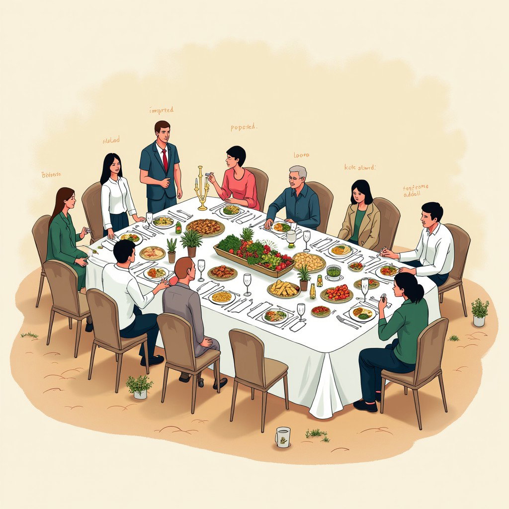 Create a professional doodle-style illustration for a corporate presentation depicting a large banquet table set in AlUla