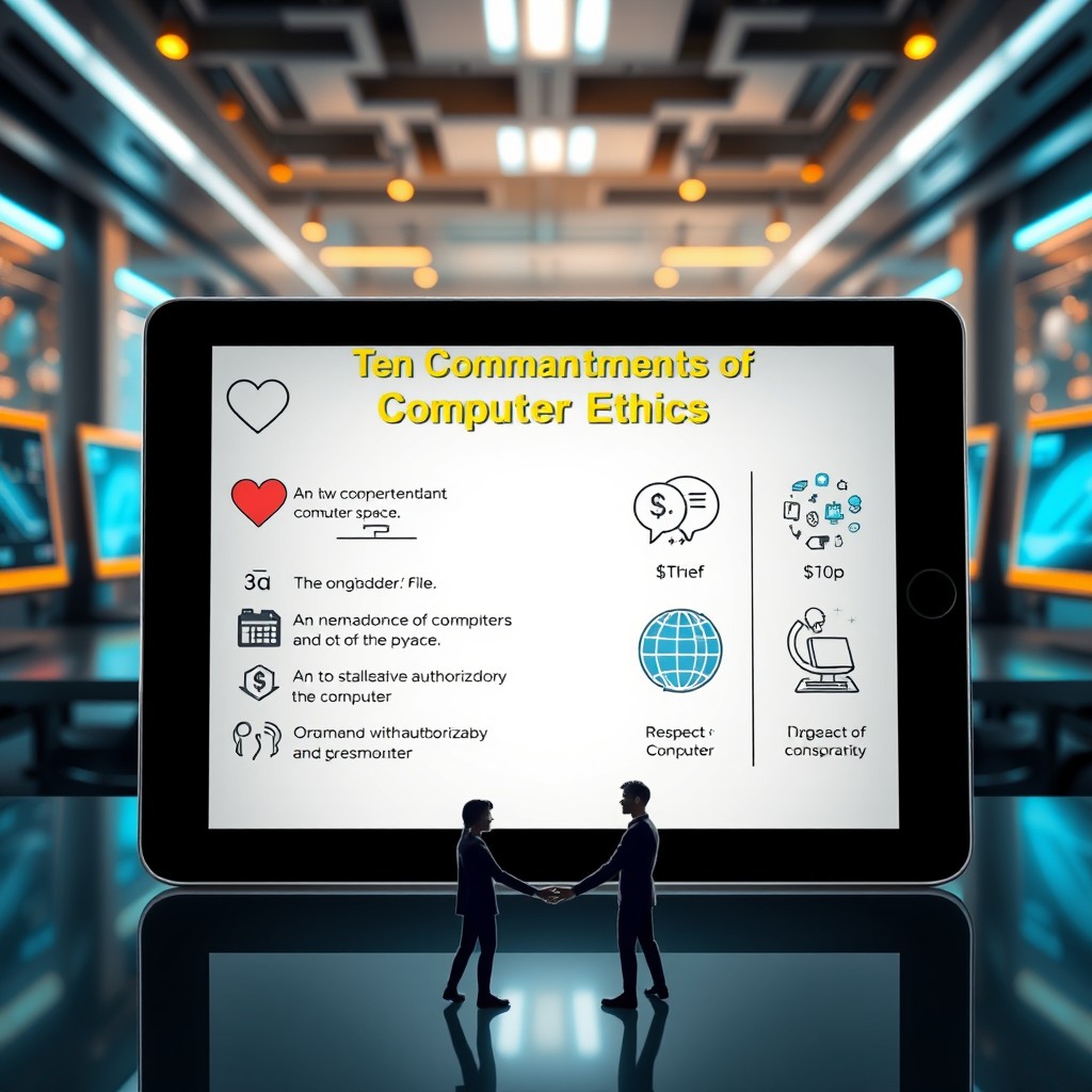 An artistic representation of the Ten Commandments of Computer Ethics displayed on a digital tablet in a modern tech environment