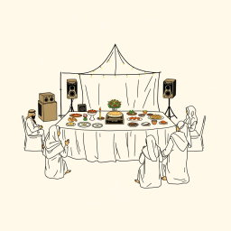 Create a professional doodle-style illustration for a corporate presentation depicting a large banquet table set in AlUla