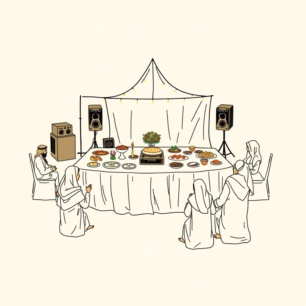 Create a professional doodle-style illustration for a corporate presentation depicting a large banquet table set in AlUla