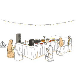 Create a professional doodle-style illustration for a corporate presentation depicting a large banquet table set in AlUla