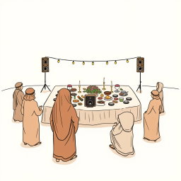 Create a professional doodle-style illustration for a corporate presentation depicting a large banquet table set in AlUla