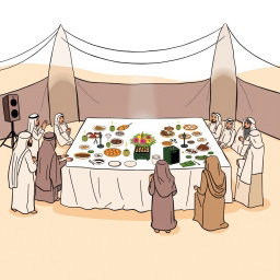 Create a professional doodle-style illustration for a corporate presentation depicting a large banquet table set in AlUla