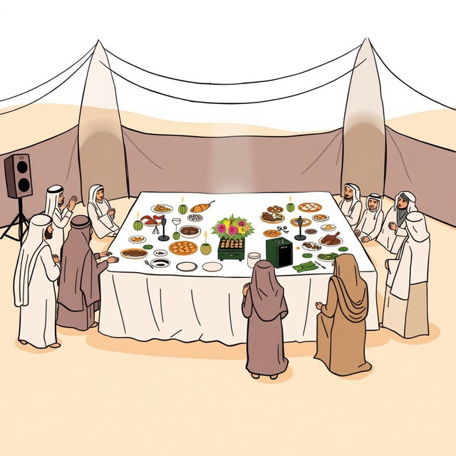 Create a professional doodle-style illustration for a corporate presentation depicting a large banquet table set in AlUla