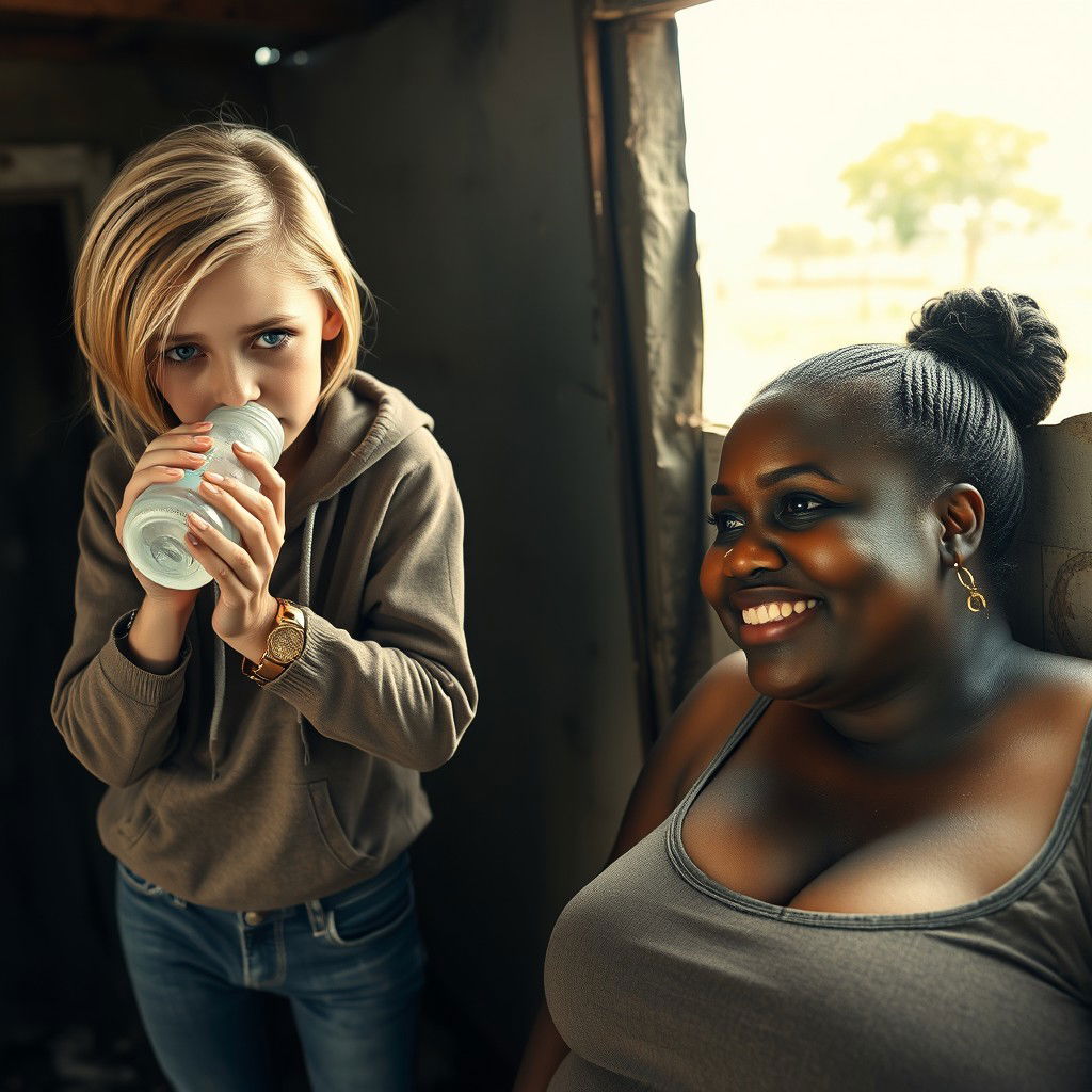 Inside an abandoned, run-down shack, a 19-year-old malnourished blonde African woman with striking blue eyes is depicted drinking from a baby bottle, her eyes wide with intensity