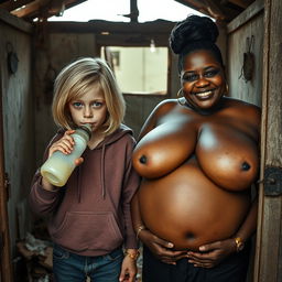 Inside an abandoned, run-down shack, a 19-year-old malnourished blonde African woman with striking blue eyes is depicted drinking from a baby bottle, her eyes wide with intensity