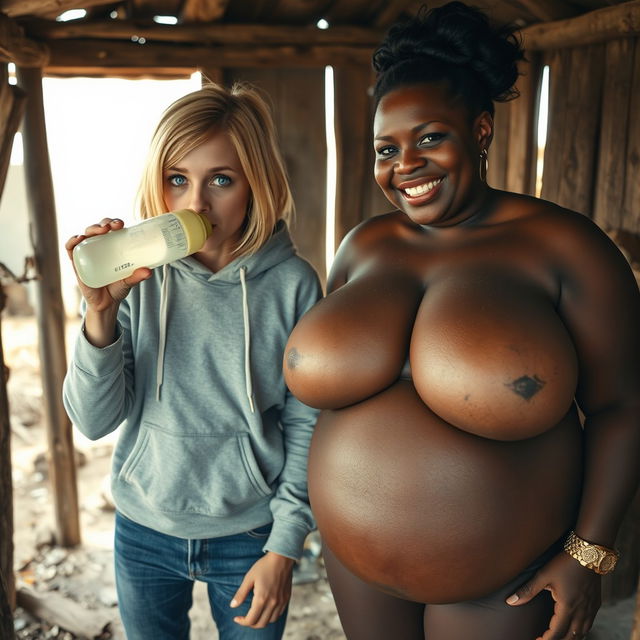 Inside an abandoned, run-down shack, a 19-year-old malnourished blonde African woman with striking blue eyes is depicted drinking from a baby bottle, her eyes wide with intensity