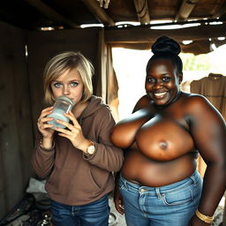 Inside an abandoned, run-down shack, a 19-year-old malnourished blonde African woman with striking blue eyes is depicted drinking from a baby bottle, her eyes wide and expressive