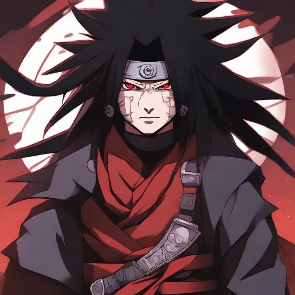 A stern, formidable anime character known as Madara Uchiha from the anime series Naruto. Wearing traditional samurai armor, his Sharingan eyes are powerful and glowing, his hair long and unkempt.