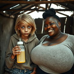 Inside an abandoned, run-down shack, a 26-year-old malnourished blonde African woman with striking blue eyes is depicted drinking from a baby bottle, her eyes wide with intensity