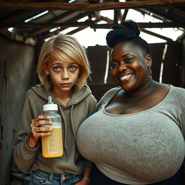 Inside an abandoned, run-down shack, a 26-year-old malnourished blonde African woman with striking blue eyes is depicted drinking from a baby bottle, her eyes wide with intensity
