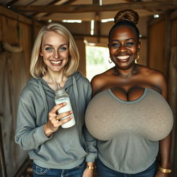 In an abandoned poor shack, a 19-year-old malnourished blonde woman with blue eyes holds a baby bottle filled with milk