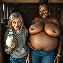 In an abandoned poor shack, a 19-year-old malnourished blonde woman with blue eyes holds a baby bottle filled with milk