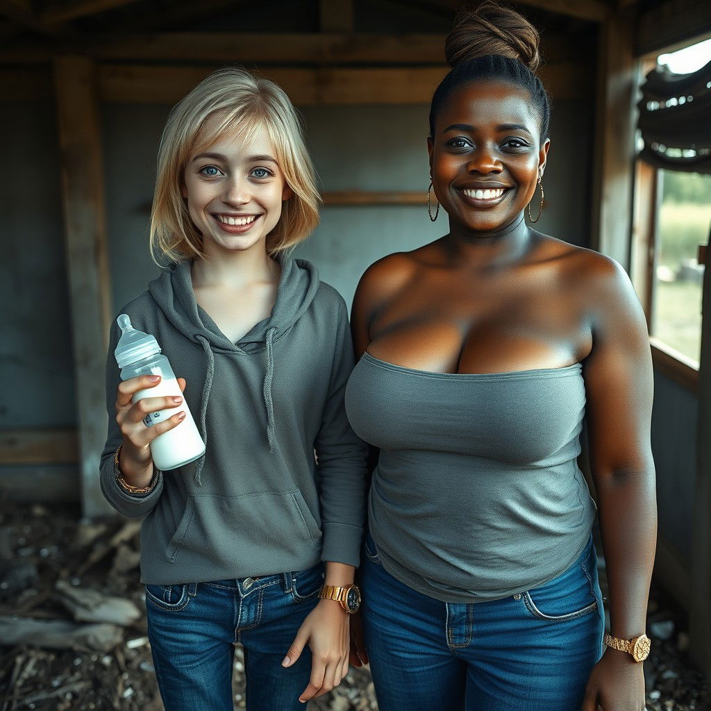 In an abandoned poor shack, a 19-year-old malnourished blonde woman with blue eyes holds a baby bottle filled with milk