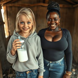In an abandoned poor shack, a 19-year-old malnourished blonde woman with blue eyes holds a baby bottle filled with milk