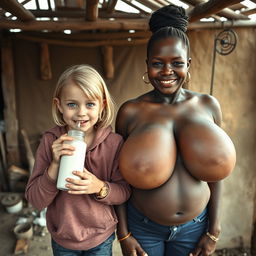 In an abandoned poor shack, a 22-year-old malnourished blonde woman with blue eyes holds a baby bottle filled with milk, her wide eyes expressing a frenzied joy