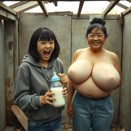 In a rundown abandoned shack, a 19-year-old Chinese woman, who is both petite and malnourished, holds a baby bottle filled with milk