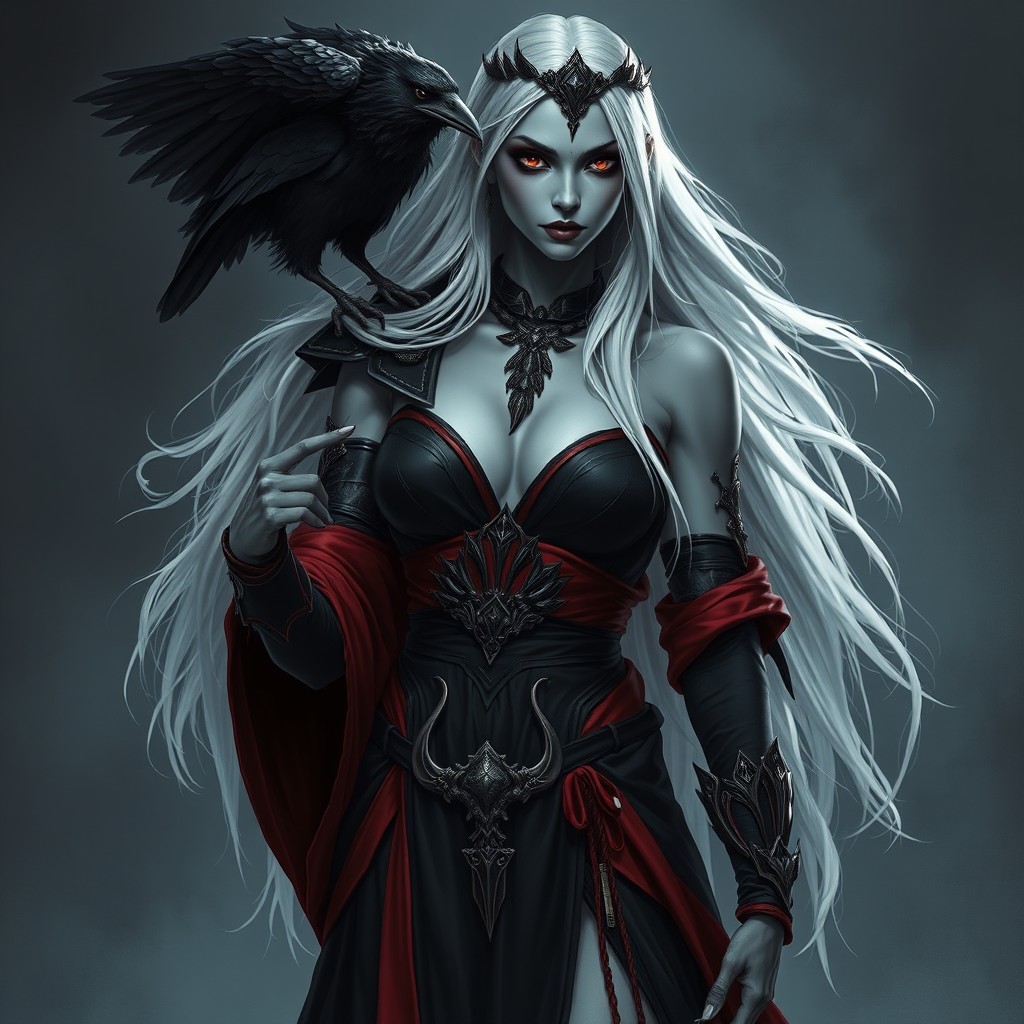 A full body shot of a Shadar-kai woman, exhibiting a striking muscular physique and pale, almost corpse-like gray skin