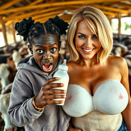 In a closed barn filled with cows, a 19-year-old African woman with very dark skin, depicted as malicious and malnourished, holds a baby bottle filled with milk