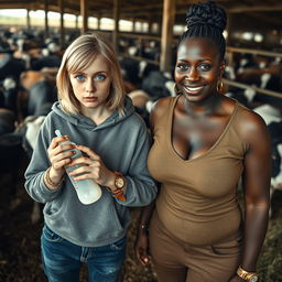 In a cattle pen filled with cows, a striking scene unfolds featuring a 19-year-old malnourished blonde woman with blue eyes