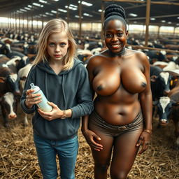 In a cattle pen filled with cows, a striking scene unfolds featuring a 19-year-old malnourished blonde woman with blue eyes