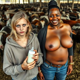 In a cattle pen filled with cows, a striking scene unfolds featuring a 19-year-old malnourished blonde woman with blue eyes
