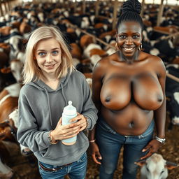 In a bustling cattle pen filled with cows, an intriguing scene emerges featuring a 19-year-old malnourished blonde woman with blue eyes, her eyes wide open in a crazed expression as she holds a baby bottle