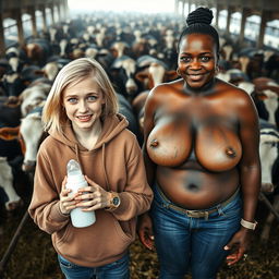 In a bustling cattle pen filled with cows, an intriguing scene emerges featuring a 19-year-old malnourished blonde woman with blue eyes, her eyes wide open in a crazed expression as she holds a baby bottle