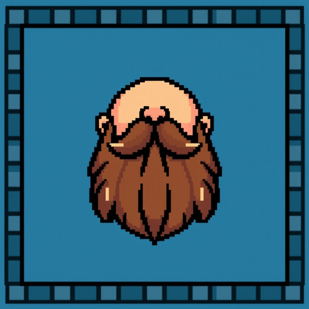 A pixel art icon featuring a bald head with a thick beard, designed in a simple yet vibrant fantasy tavern style