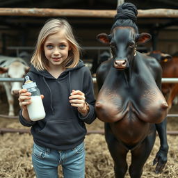 In a cattle pen with two cows, a captivating scene unfolds featuring a 19-year-old malnourished blonde woman with blue eyes