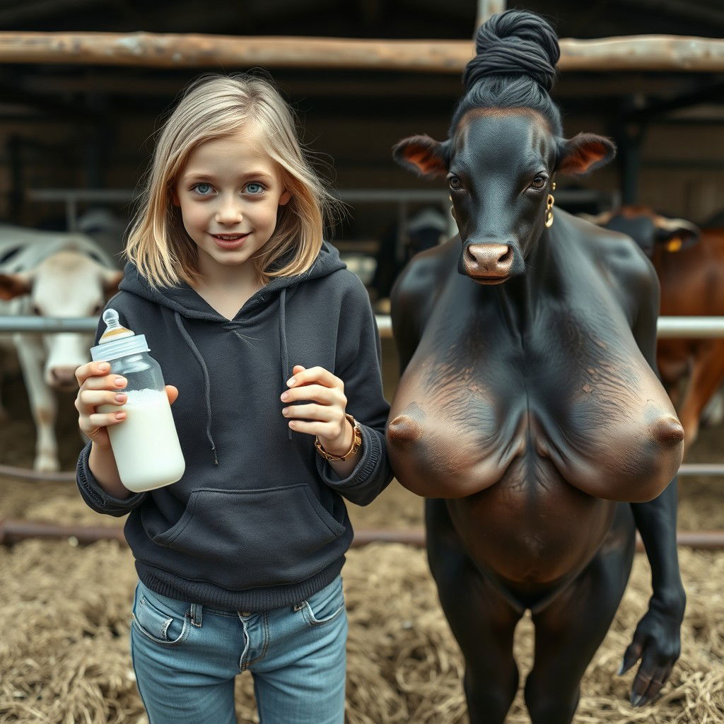 In a cattle pen with two cows, a captivating scene unfolds featuring a 19-year-old malnourished blonde woman with blue eyes