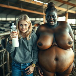 In a cattle pen with two cows, a captivating scene unfolds featuring a 19-year-old malnourished blonde woman with blue eyes