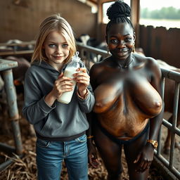 In a cattle pen with two cows, a captivating scene unfolds featuring a 19-year-old malnourished blonde woman with blue eyes