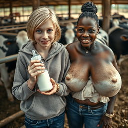 In a cattle pen with two cows, a captivating scene unfolds featuring a 19-year-old malnourished blonde woman with blue eyes