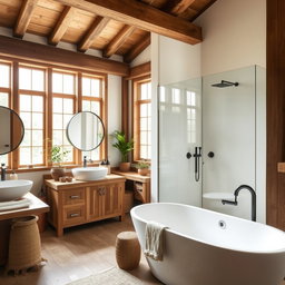 A beautifully designed bathroom that combines a rustic farmer house aesthetic with modern design elements