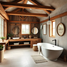 A beautifully designed bathroom that combines a rustic farmer house aesthetic with modern design elements