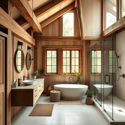 A beautifully designed bathroom that combines a rustic farmer house aesthetic with modern design elements