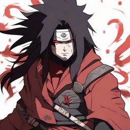 A stern, formidable anime character known as Madara Uchiha from the anime series Naruto. Wearing traditional samurai armor, his Sharingan eyes are powerful and glowing, his hair long and unkempt.