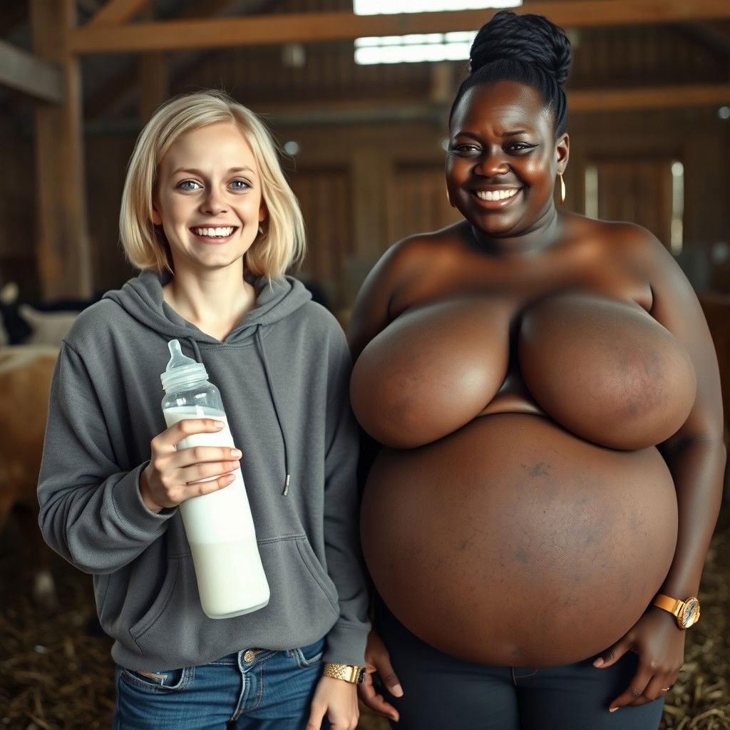 In a barn, depict a scene with a 23-year-old malnourished blonde woman with blue eyes, joyfully holding a baby bottle filled with milk