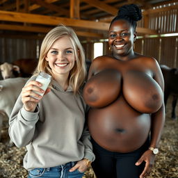 In a barn, depict a scene with a 23-year-old malnourished blonde woman with blue eyes, joyfully holding a baby bottle filled with milk