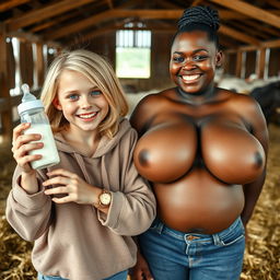 In a barn, depict a scene with a 23-year-old malnourished blonde woman with blue eyes, joyfully holding a baby bottle filled with milk