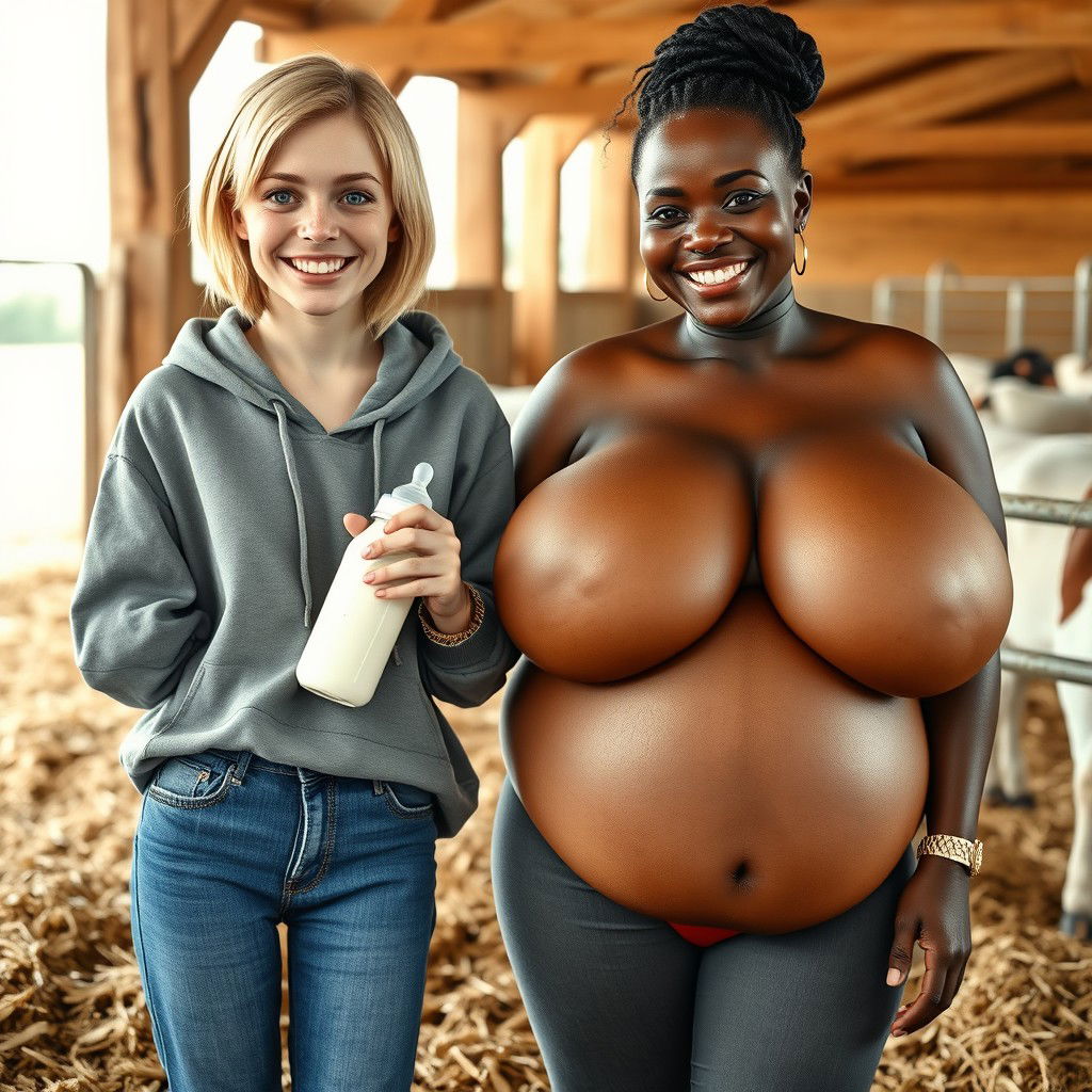 In a barn, illustrate a scene with a 23-year-old malnourished blonde woman with blue eyes, joyfully holding a baby bottle filled with milk