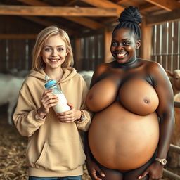 In a barn, illustrate a scene with a 23-year-old malnourished blonde woman with blue eyes, joyfully holding a baby bottle filled with milk